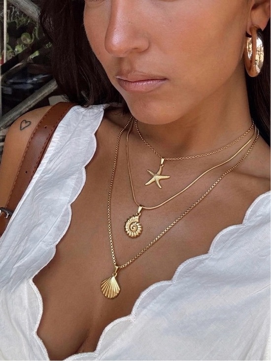 Jewelry - Stainless Steel Gold Layered Seashell & Starfish Pendant Necklace Set